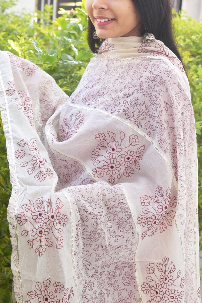 Elegant cotton dupatta with embroidery, block print & gota work