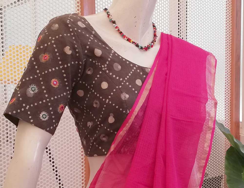 Dabu Block Print Cotton Blouse with Kutch Hand Embroidery size - 42