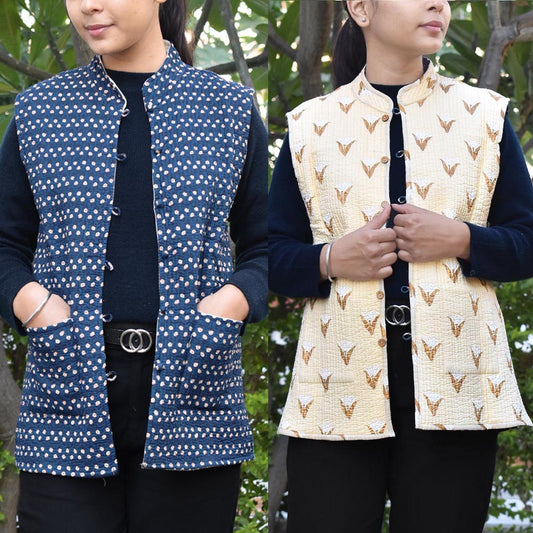 Block Print Quilted Reversible Sleeveless cotton jacket -Size  38, 40, 42