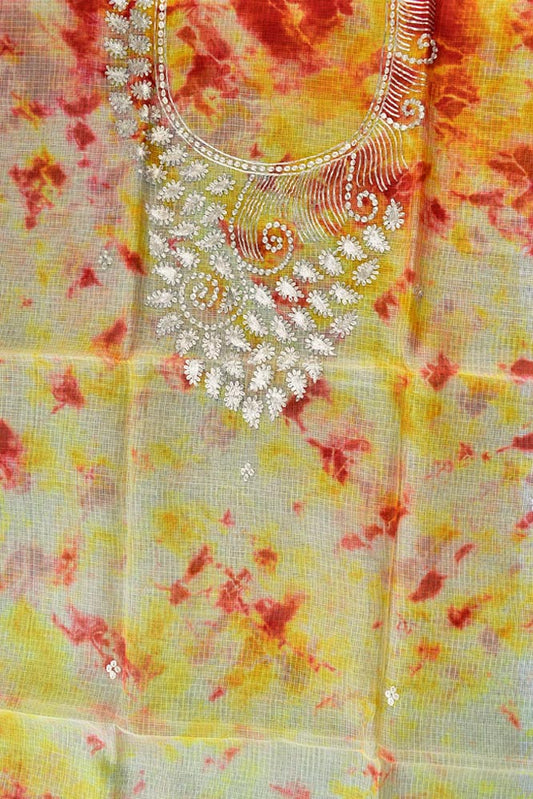 Beautiful Hand Tie & Dye Kota silk unstitched kurta fabric with Pitta work