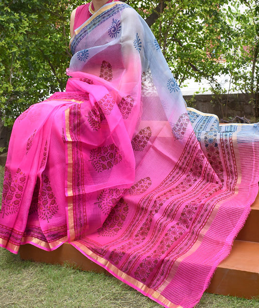 Beautiful Hand Block Printed Kota Silk Saree with Multi Dye & Zari border