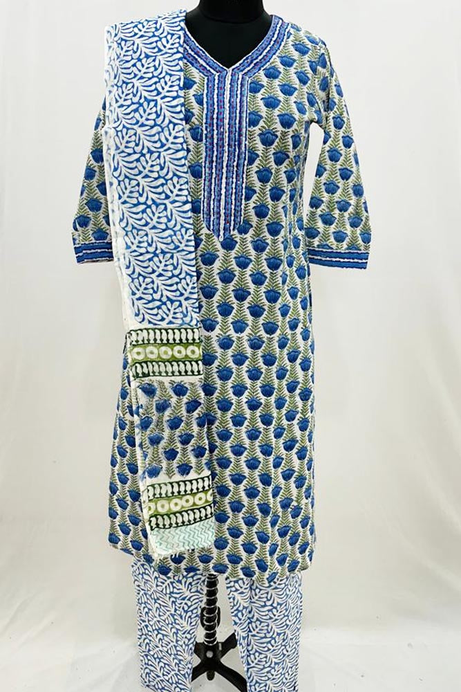 Hand Block Printed Cotton suit with Hand Embroidery - Kurta , Cotton Dupatta & Pant - size 38, 40, 42