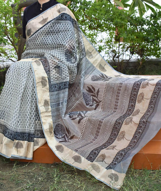 Beautiful Hand Block Printed Kota Silk Saree with Zari border