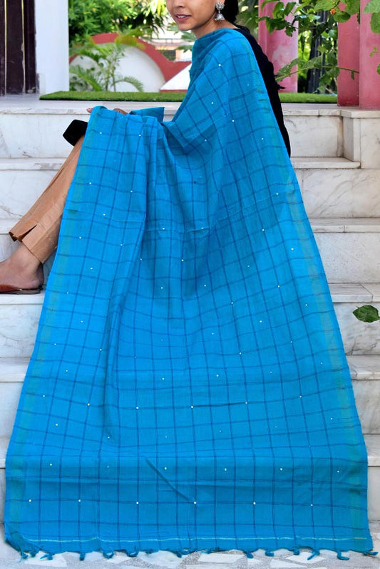 Handwoven Cotton dupatta with woven checks and with foil mirrors