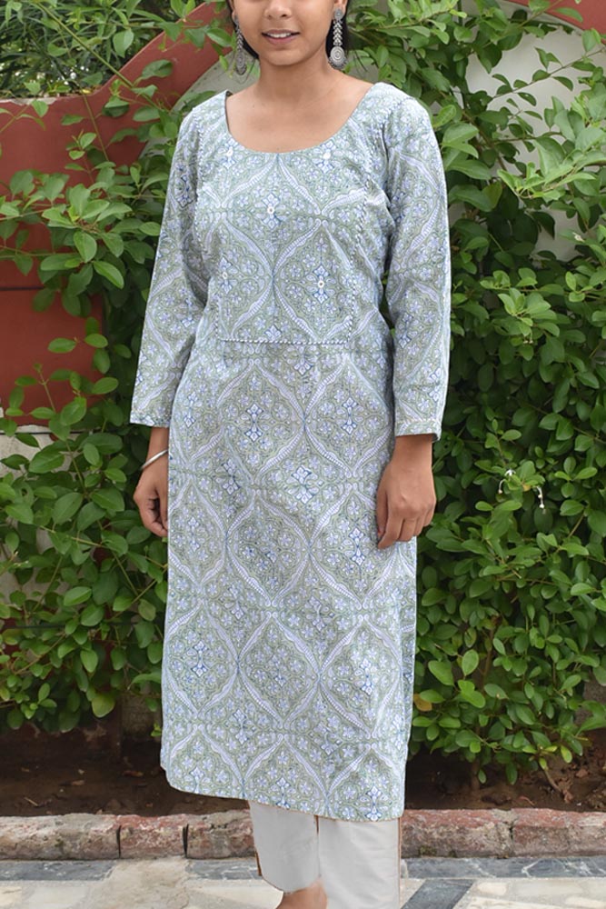 Block Printed Cotton Kurta with embroidery & sequins - size 42