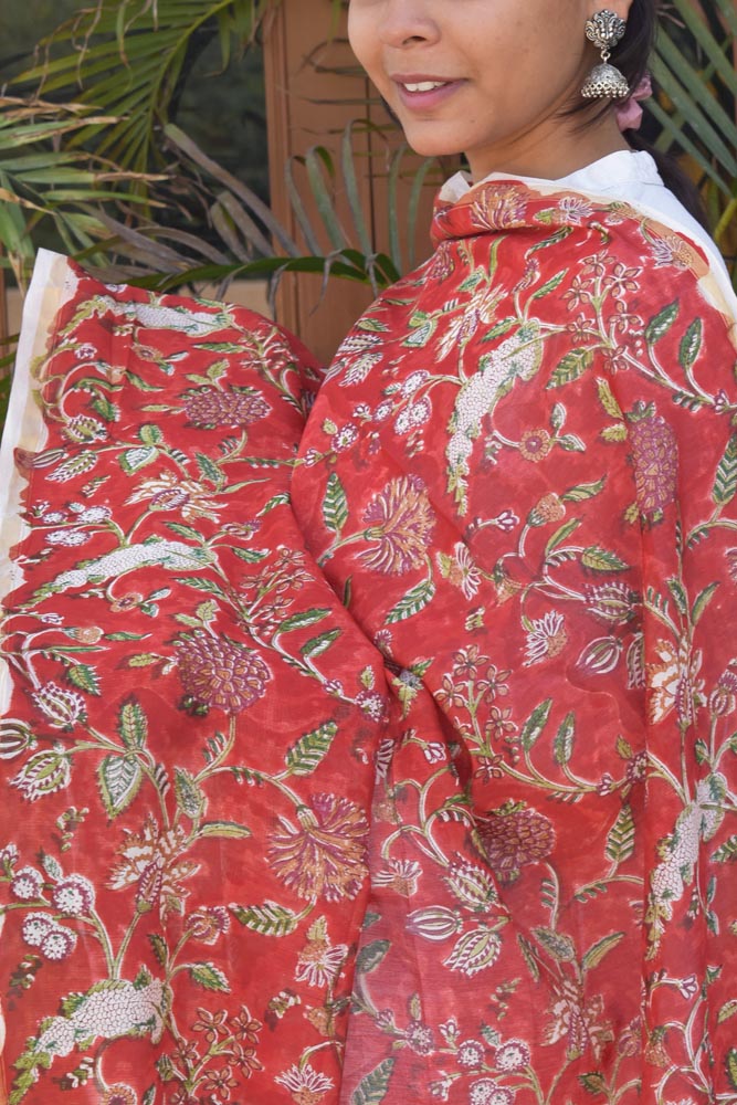 Basant : Sanganer Hand Block Printed Chanderi Silk Cotton Dupatta