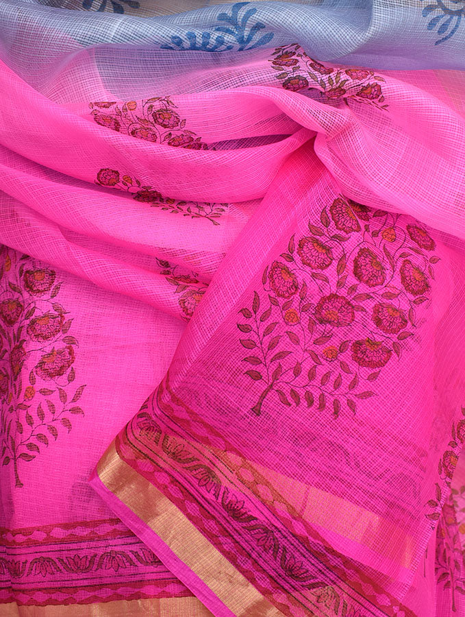 Beautiful Hand Block Printed Kota Silk Saree with Multi Dye & Zari border