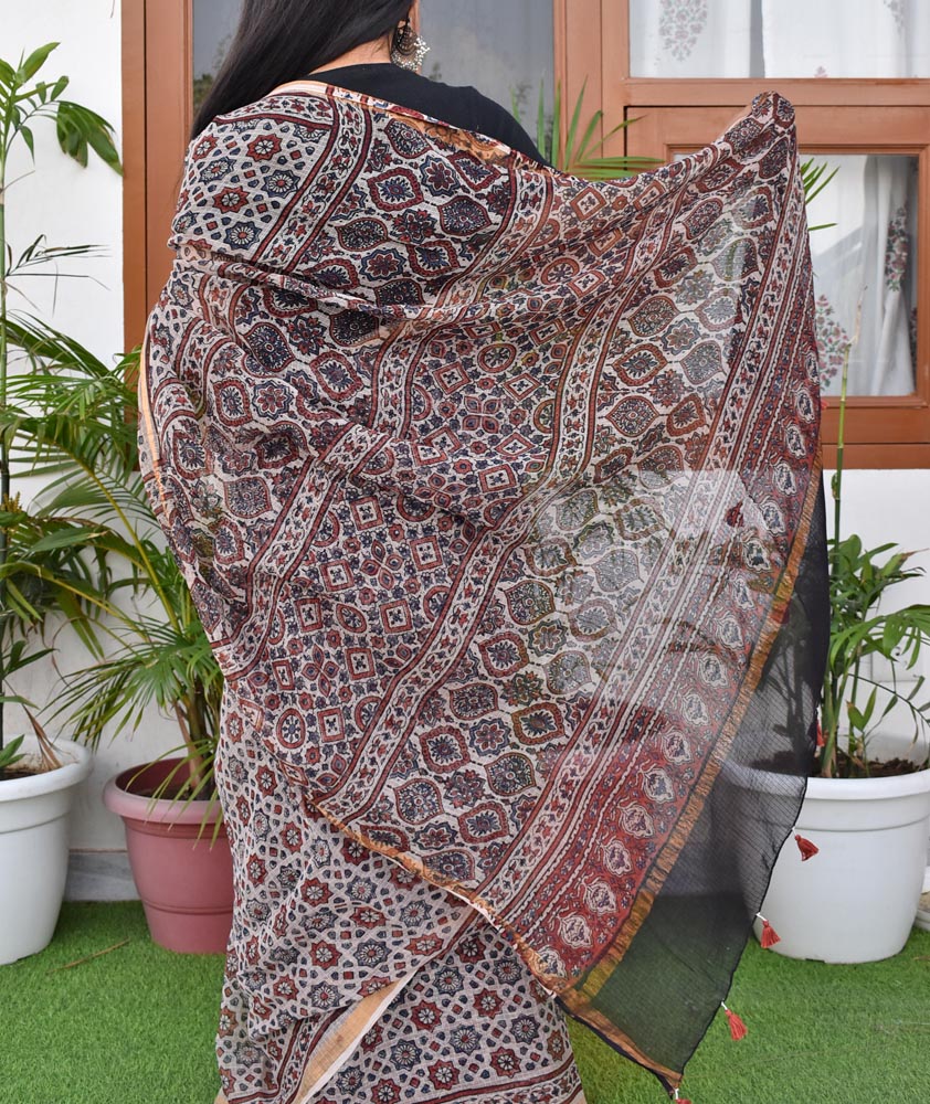 Hand Block Print Kutch Ajrakh Kota Cotton Doria  Saree