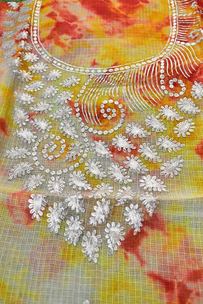 Beautiful Hand Tie & Dye Kota silk unstitched kurta fabric with Pitta work