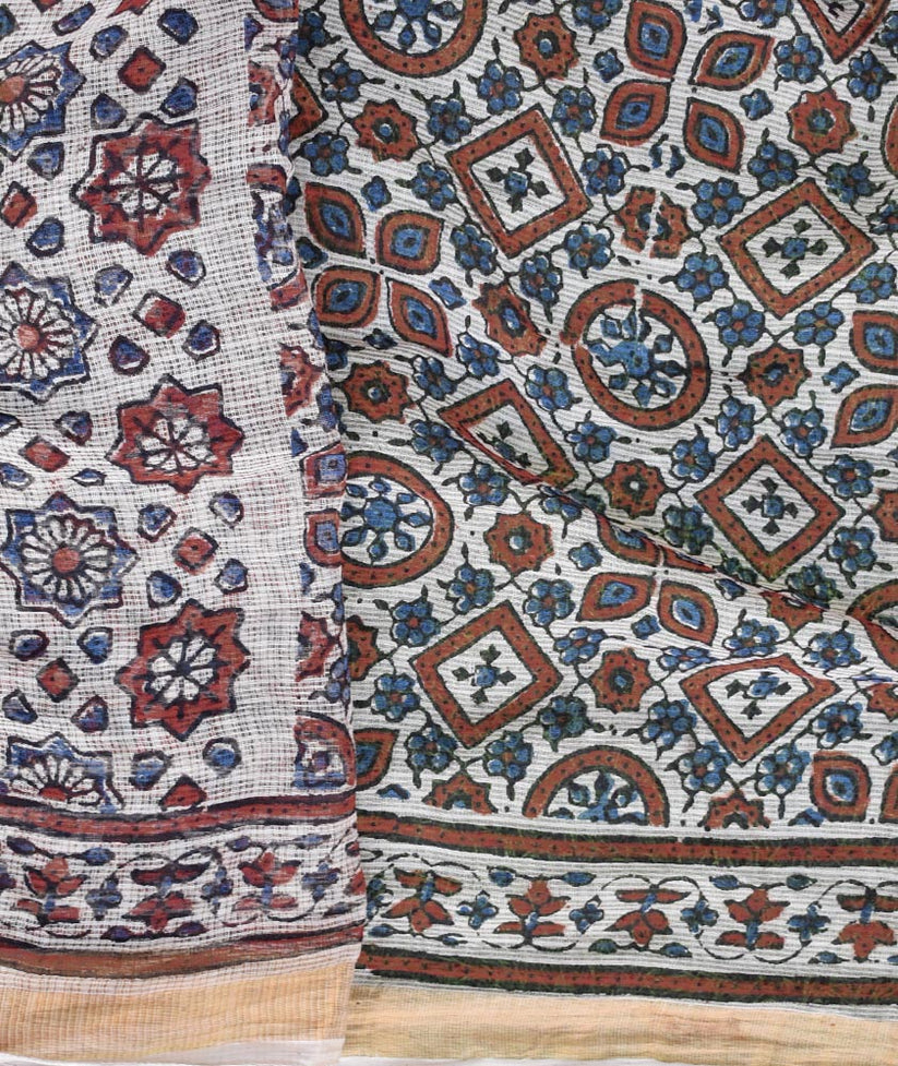 Blue - Kutch Hand Block Print Natural Dyed Pure Mul Cotton Ajrakh Saree with Tassels 02