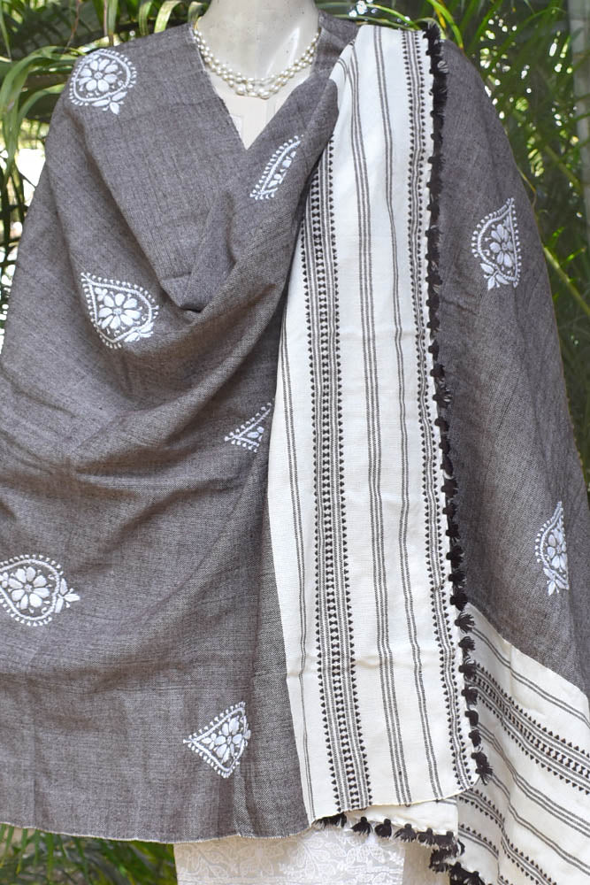 Elegant Handwoven Bhujodi Woolen Shawl with Chikankari work