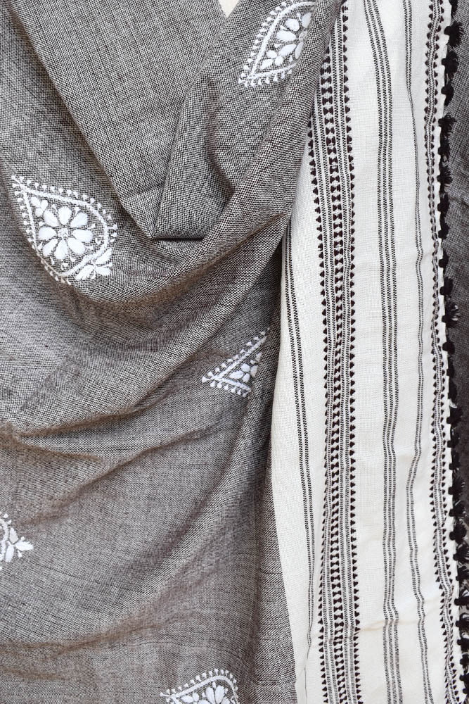 Elegant Handwoven Bhujodi Woolen Shawl with Chikankari work
