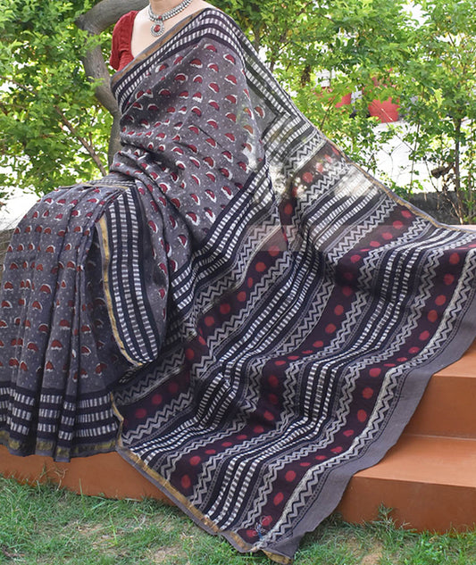 Elegant Chanderi Saree with Jahota ( Bagru + Dabu)  Hand Block Print