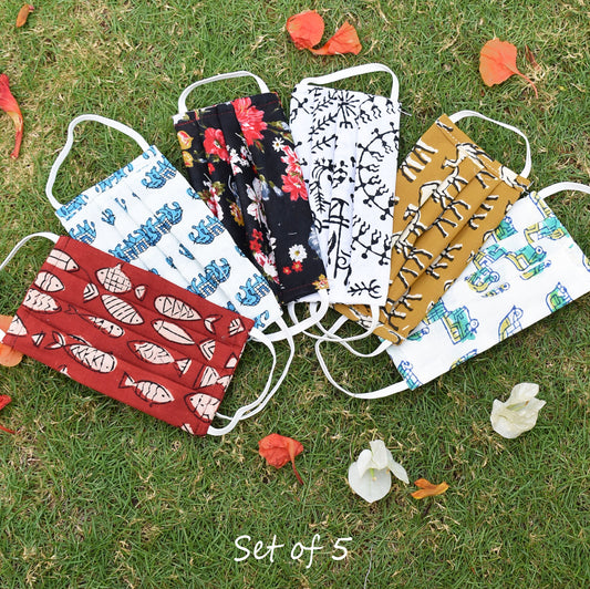 Set of 5 - Kids ( 4-10) Block printed Cotton Masks