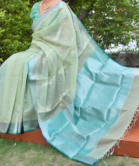 Beautiful woven cotton silk Banarasi saree with Meena booti