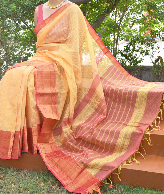 Beautiful Handwoven Missing weave Mangalgiri Cotton Saree with Zari border