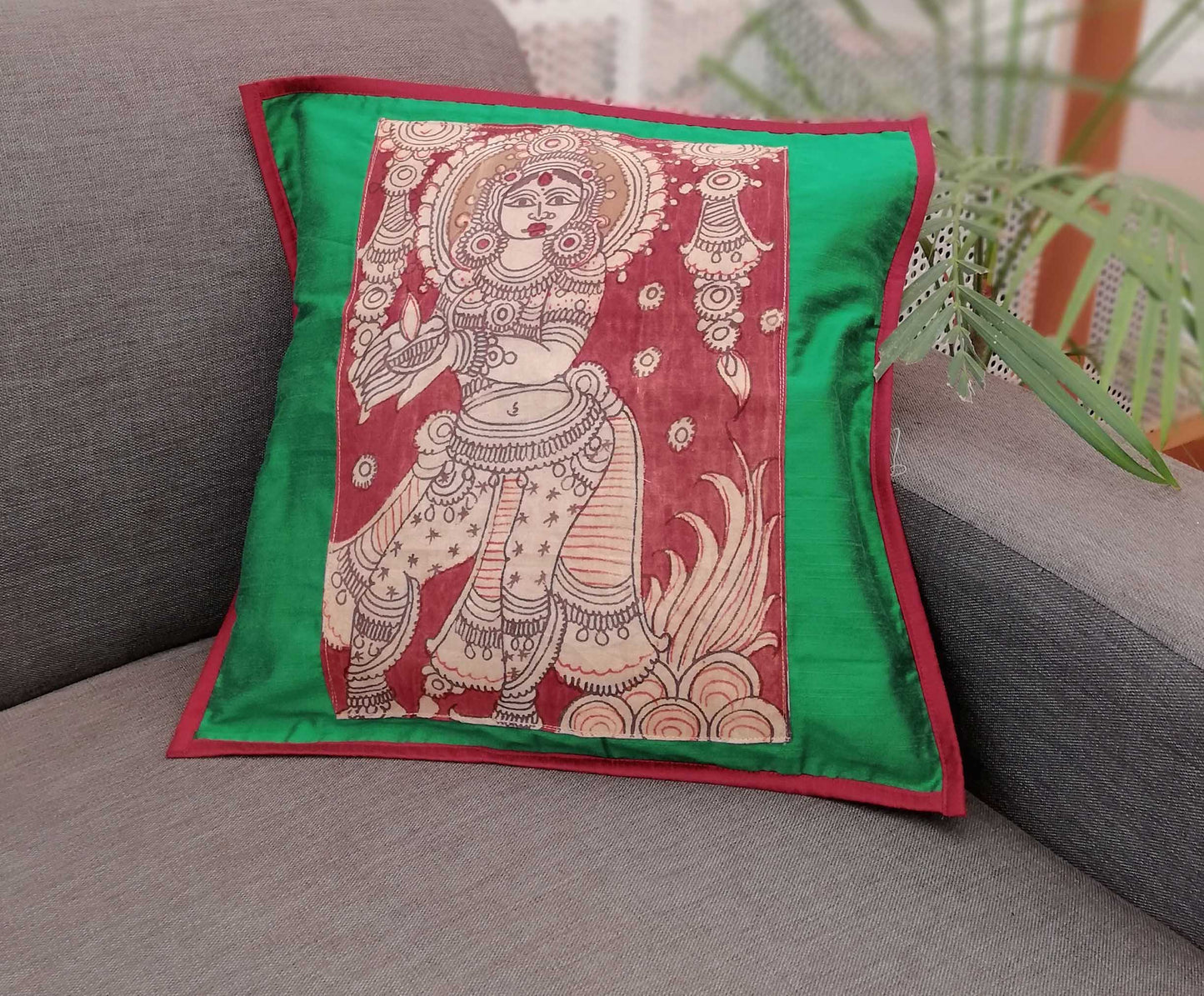 Silk Cotton Cushion Cover with Handpainted Kalamkari patch