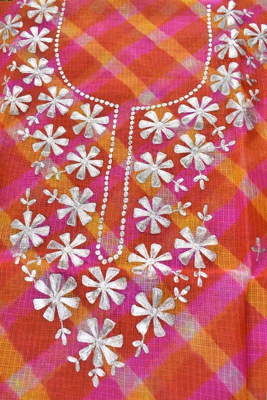 Beautiful Hand Tie & Dye Kota silk unstitched kurta fabric with Pitta work