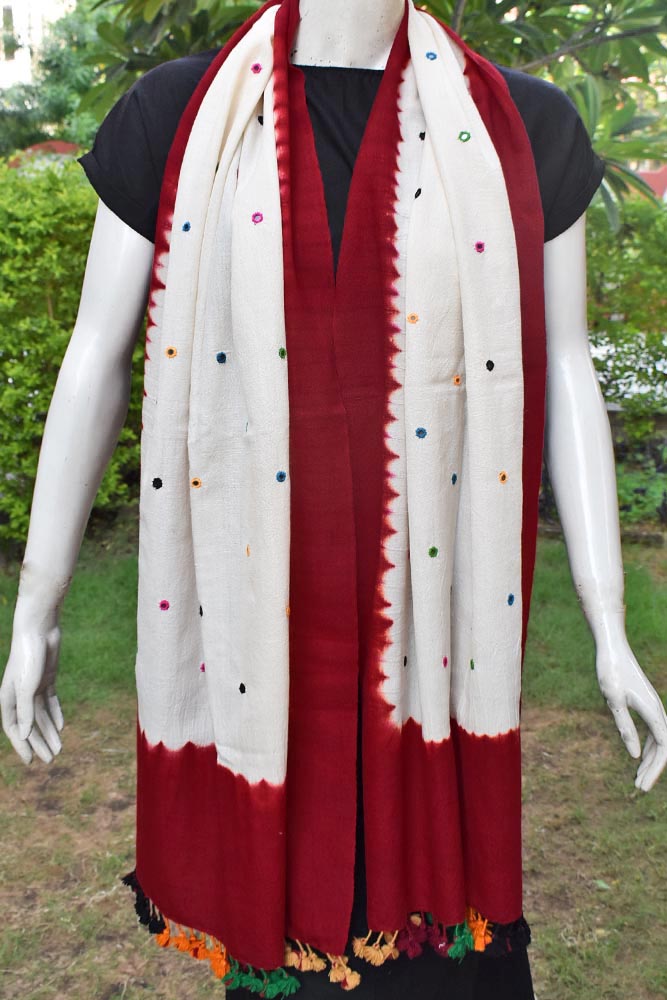 Hand woven Kutch Merino Wool Stole with Mirror work and tassels