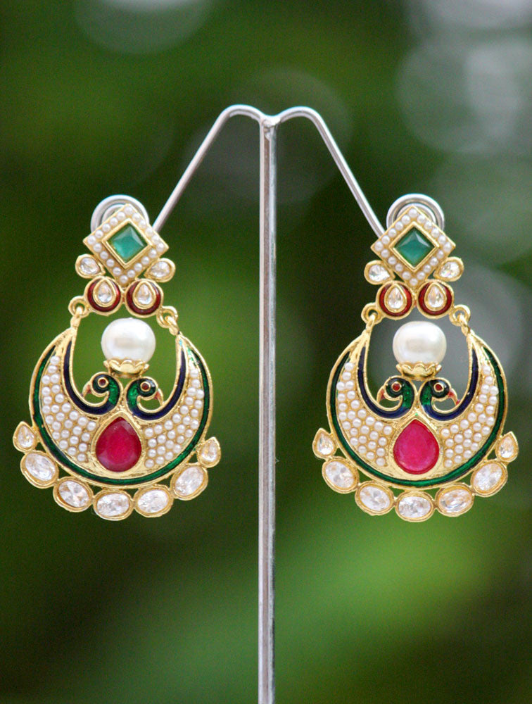 Elegant Meenakari, Polki & Pearl Earrings