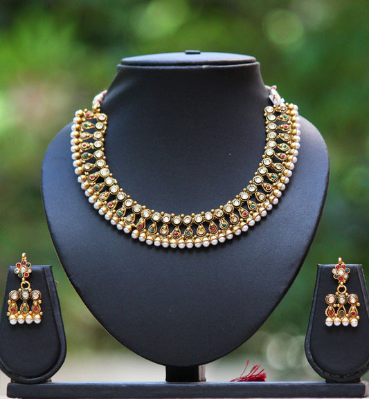 Elegant Pearl and Polki Necklace Set