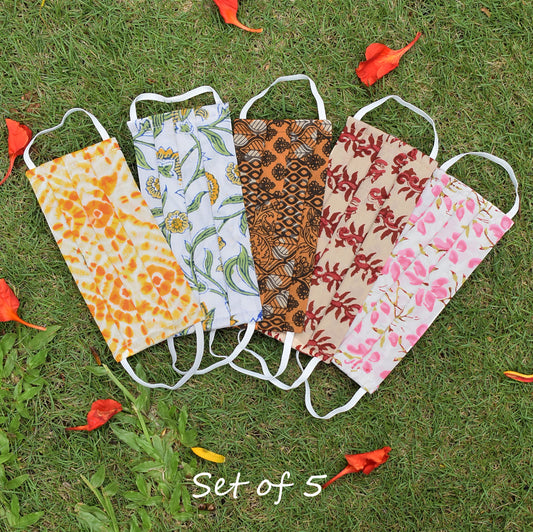 Set of 5 - Block printed Cotton Masks