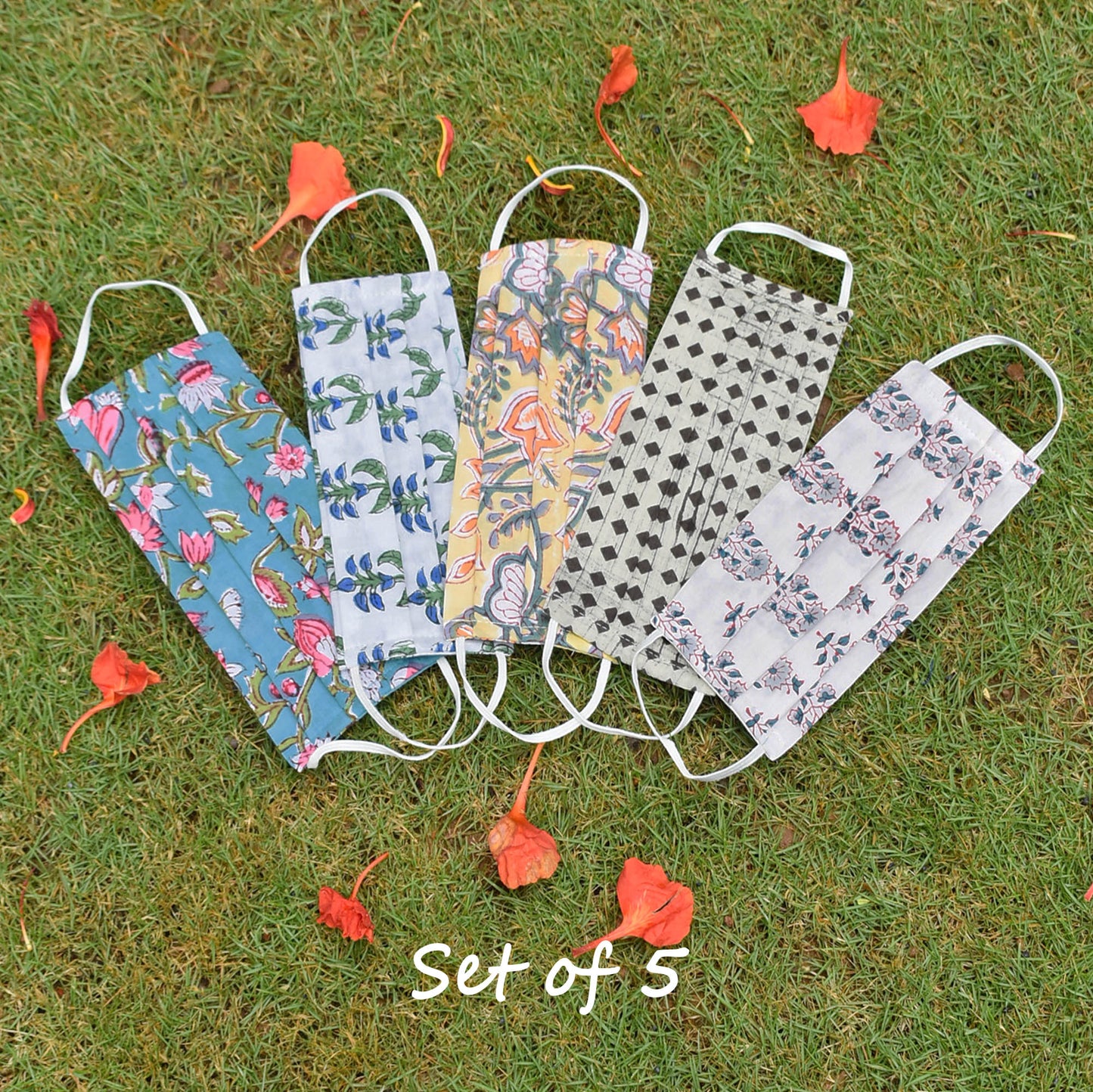 Set of 5 - Block printed Cotton Masks