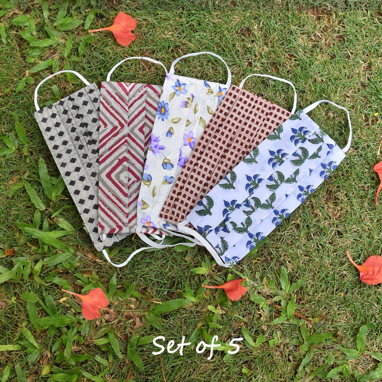 Set of 5 - Block printed Cotton Masks