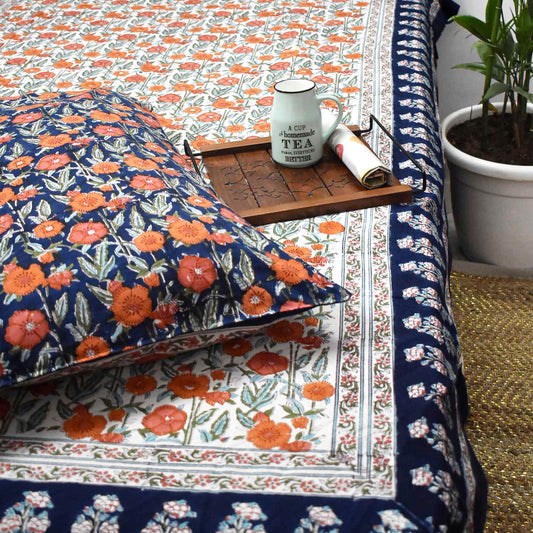 Hand block printed Single Bed sheet with Single ( 1 ) pillow cover